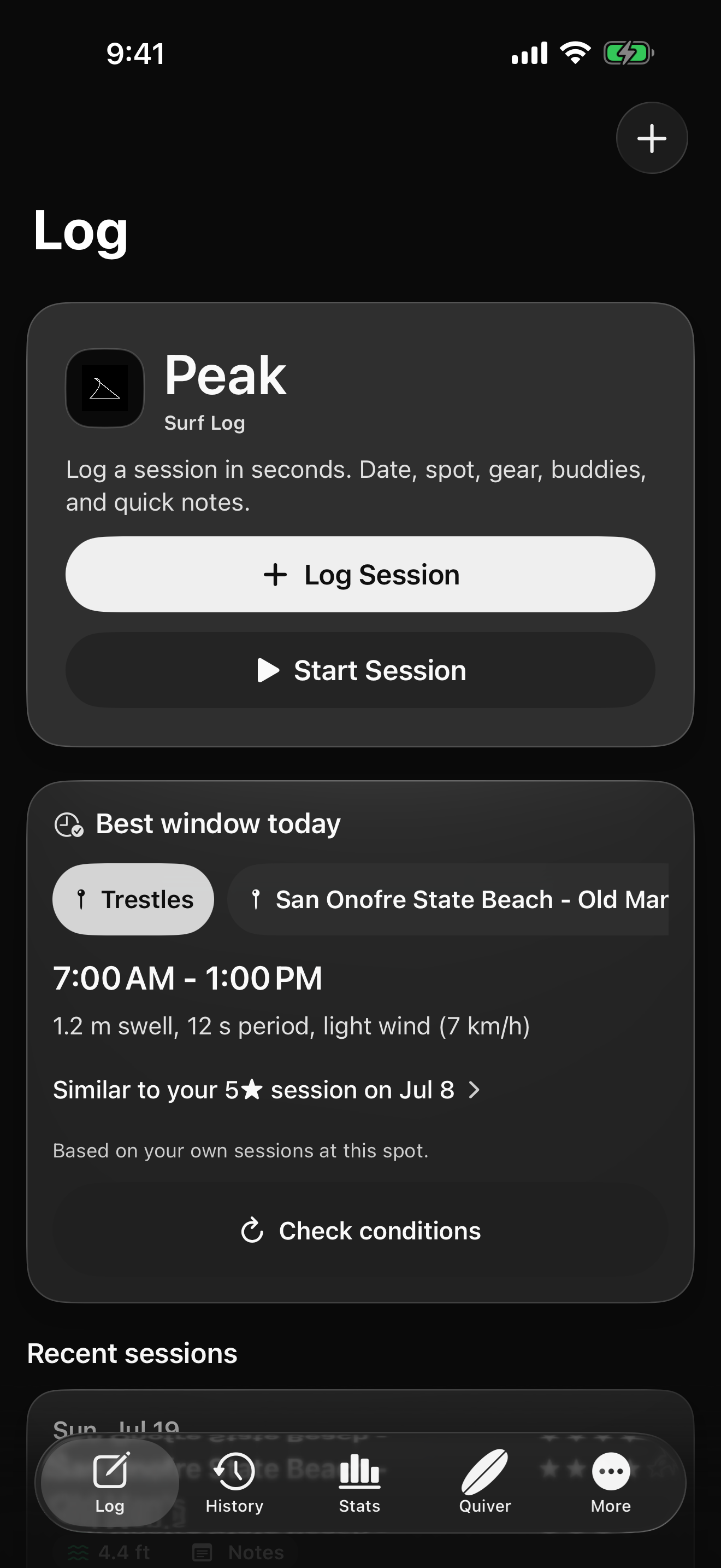 Peak Log screen with Log Session and Start Session buttons, a Best window today spot selector, and recent sessions
