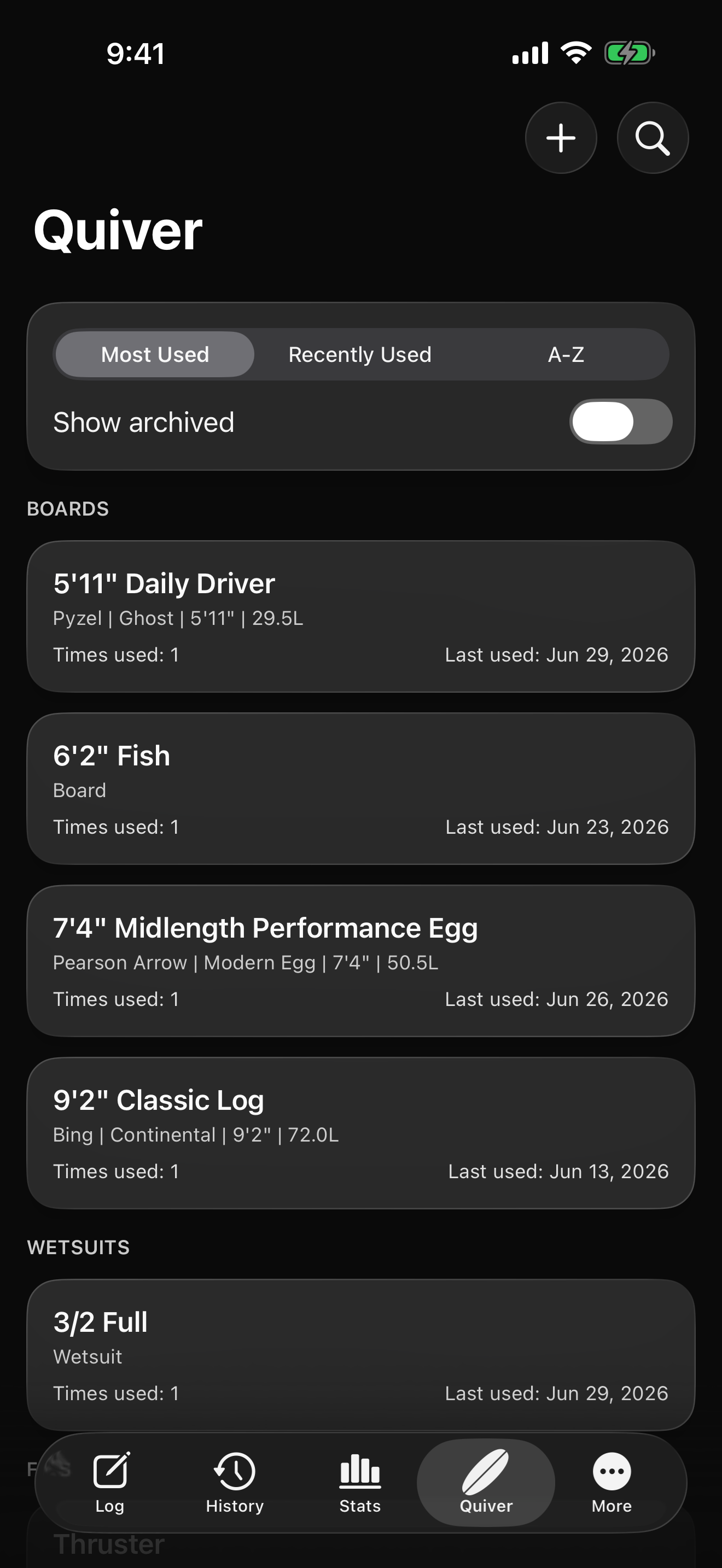 Peak Quiver screen showing saved surfboards, wetsuits, and fins with their session history