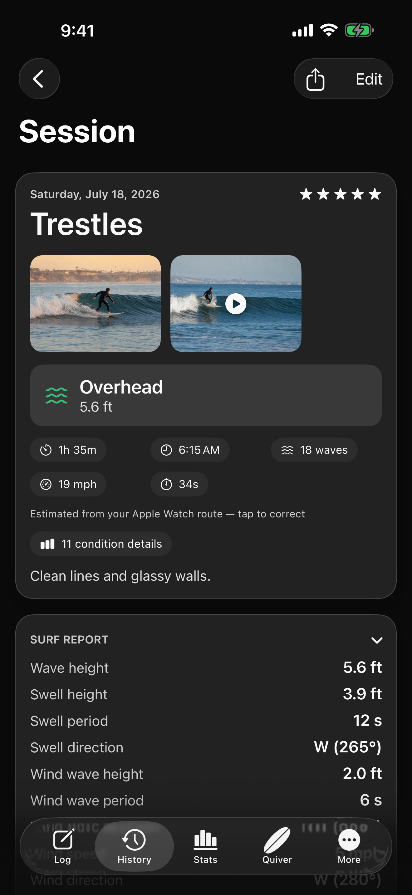 Peak Session screen for a five-star Trestles surf showing photos, wave height, duration, time, wave count, and a detailed surf report